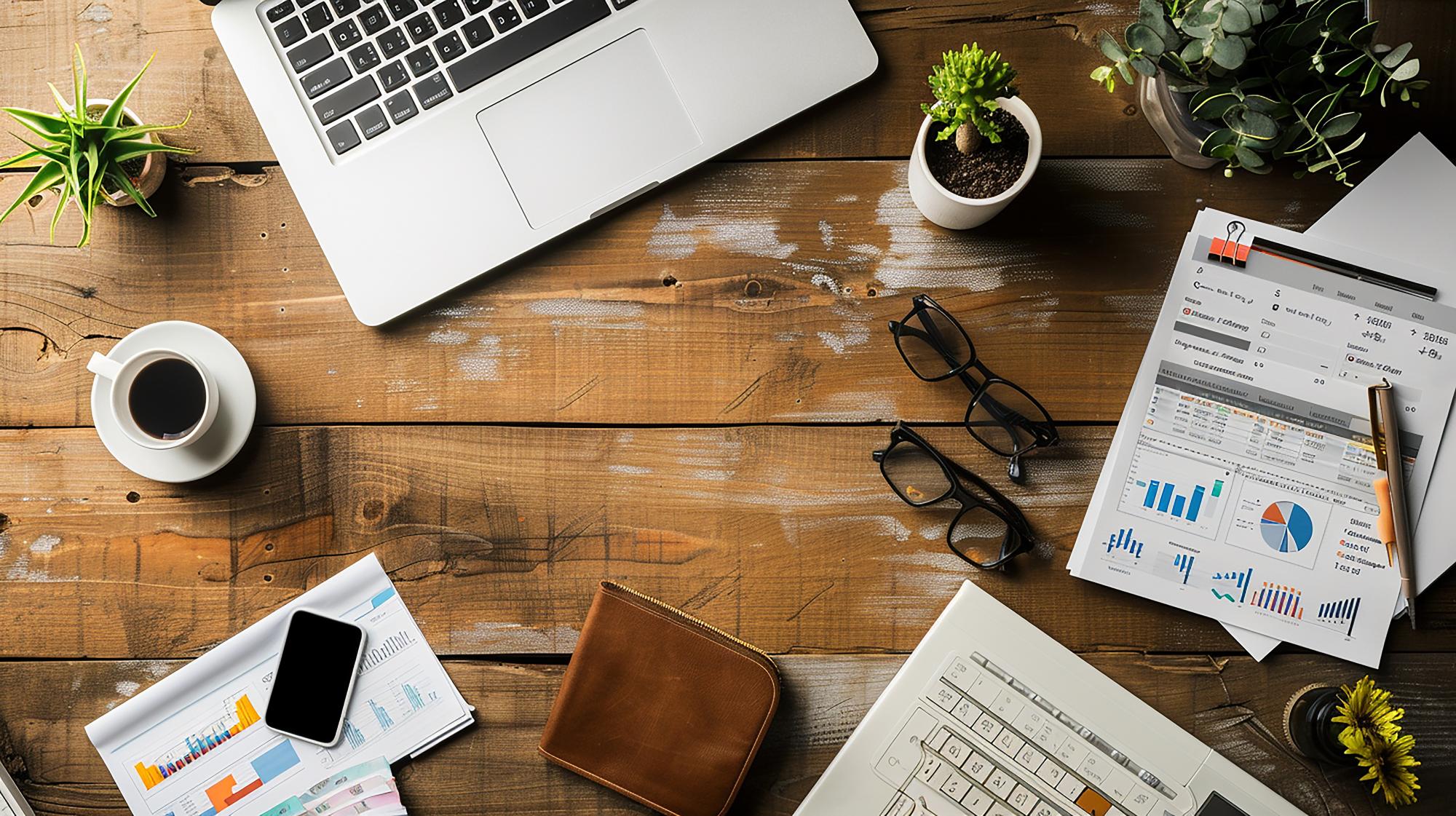 Workspace with financial reports and coffee